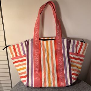 VICTORIA'S SECRET Multi Color Stripe Travel Colorful Zip Beach Shoulder Bag Used
